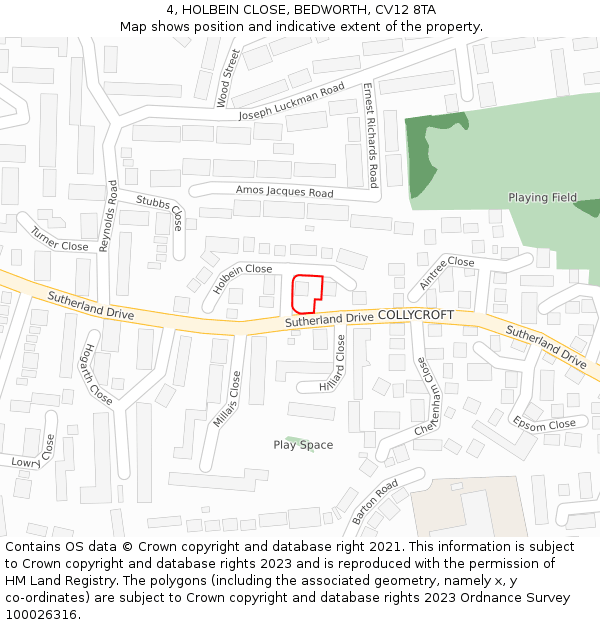 4, HOLBEIN CLOSE, BEDWORTH, CV12 8TA: Location map and indicative extent of plot