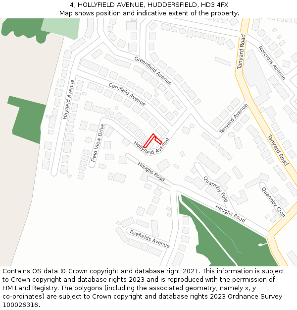 4, HOLLYFIELD AVENUE, HUDDERSFIELD, HD3 4FX: Location map and indicative extent of plot