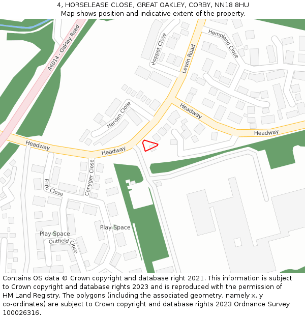 4, HORSELEASE CLOSE, GREAT OAKLEY, CORBY, NN18 8HU: Location map and indicative extent of plot