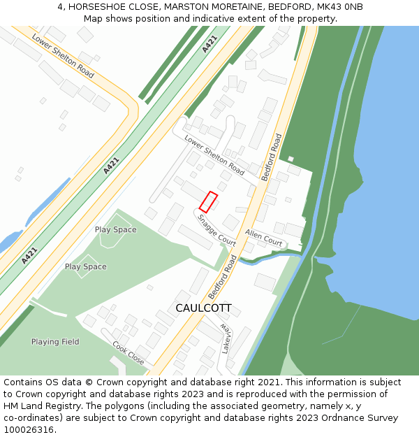 4, HORSESHOE CLOSE, MARSTON MORETAINE, BEDFORD, MK43 0NB: Location map and indicative extent of plot