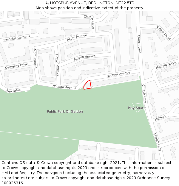 4, HOTSPUR AVENUE, BEDLINGTON, NE22 5TD: Location map and indicative extent of plot