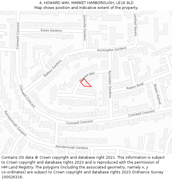 4, HOWARD WAY, MARKET HARBOROUGH, LE16 9LD: Location map and indicative extent of plot