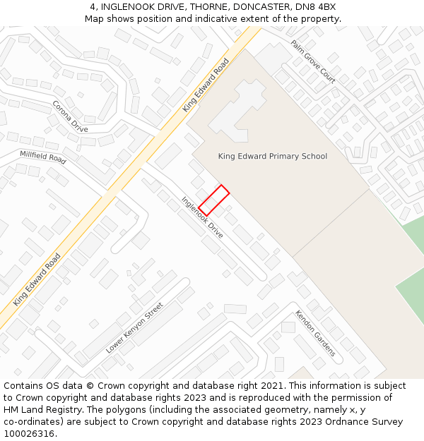 4, INGLENOOK DRIVE, THORNE, DONCASTER, DN8 4BX: Location map and indicative extent of plot
