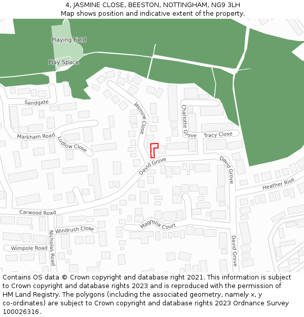 4, JASMINE CLOSE, BEESTON, NOTTINGHAM, NG9 3LH: Location map and indicative extent of plot