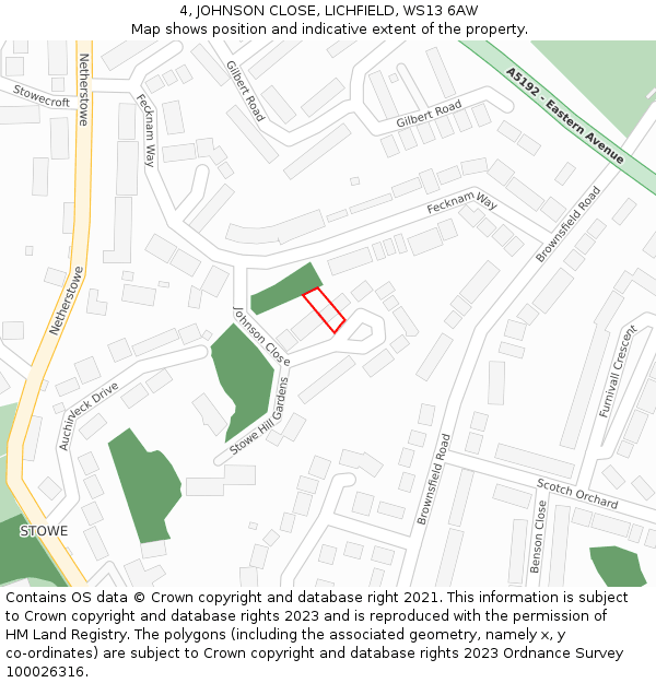 4, JOHNSON CLOSE, LICHFIELD, WS13 6AW: Location map and indicative extent of plot