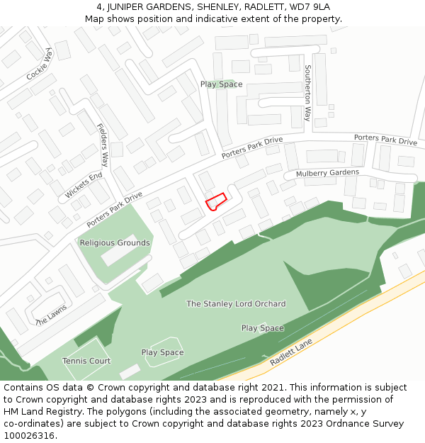 4, JUNIPER GARDENS, SHENLEY, RADLETT, WD7 9LA: Location map and indicative extent of plot
