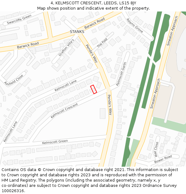 4, KELMSCOTT CRESCENT, LEEDS, LS15 8JY: Location map and indicative extent of plot