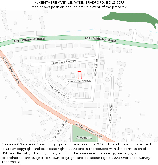 4, KENTMERE AVENUE, WYKE, BRADFORD, BD12 9DU: Location map and indicative extent of plot
