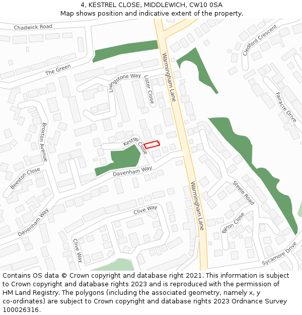 4, KESTREL CLOSE, MIDDLEWICH, CW10 0SA: Location map and indicative extent of plot