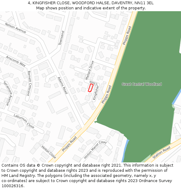 4, KINGFISHER CLOSE, WOODFORD HALSE, DAVENTRY, NN11 3EL: Location map and indicative extent of plot