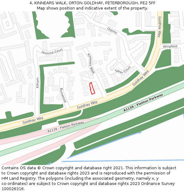 4, KINNEARS WALK, ORTON GOLDHAY, PETERBOROUGH, PE2 5FF: Location map and indicative extent of plot