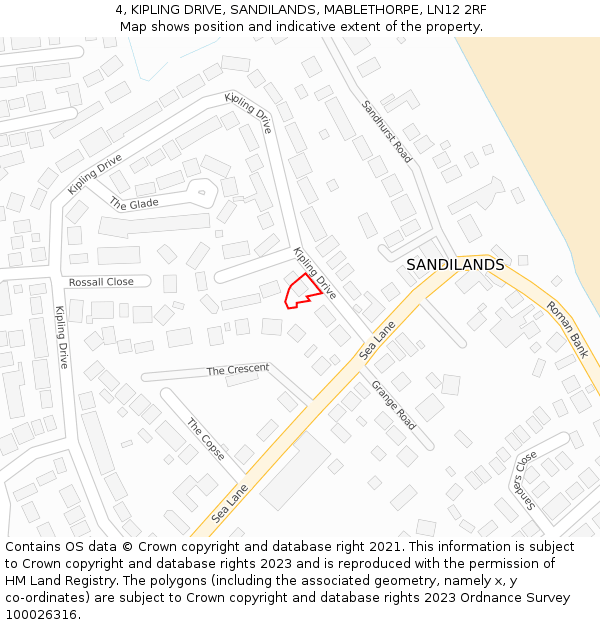 4, KIPLING DRIVE, SANDILANDS, MABLETHORPE, LN12 2RF: Location map and indicative extent of plot