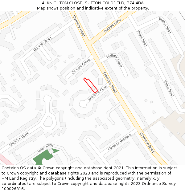 4, KNIGHTON CLOSE, SUTTON COLDFIELD, B74 4BA: Location map and indicative extent of plot