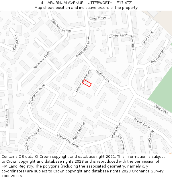 4, LABURNUM AVENUE, LUTTERWORTH, LE17 4TZ: Location map and indicative extent of plot