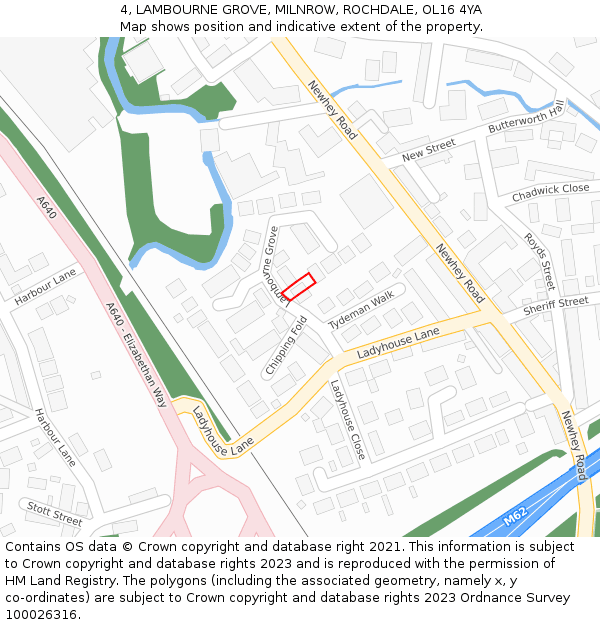 4, LAMBOURNE GROVE, MILNROW, ROCHDALE, OL16 4YA: Location map and indicative extent of plot