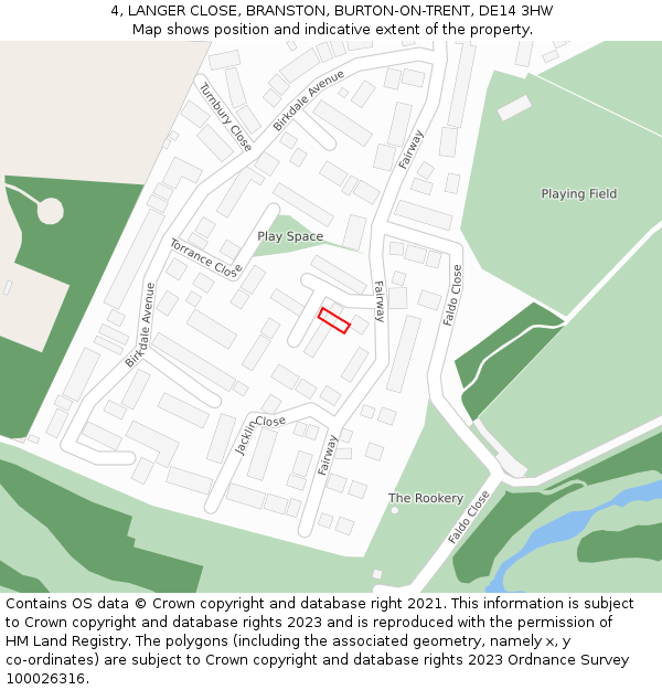 4, LANGER CLOSE, BRANSTON, BURTON-ON-TRENT, DE14 3HW: Location map and indicative extent of plot
