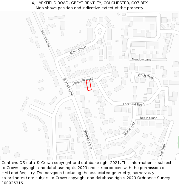 4, LARKFIELD ROAD, GREAT BENTLEY, COLCHESTER, CO7 8PX: Location map and indicative extent of plot