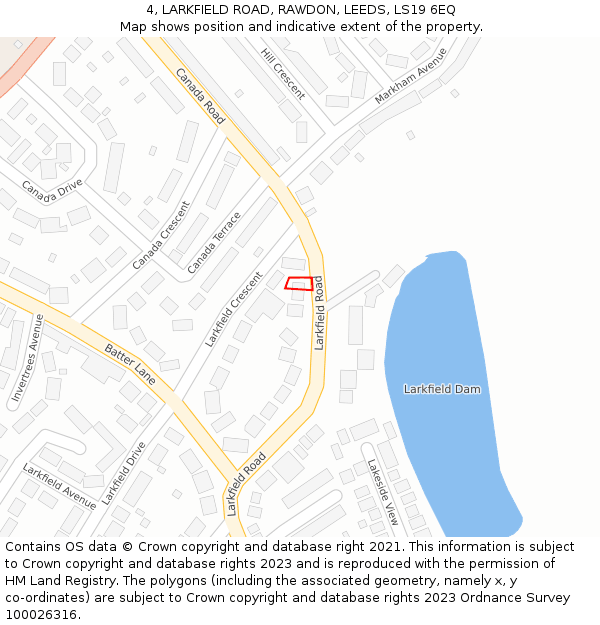 4, LARKFIELD ROAD, RAWDON, LEEDS, LS19 6EQ: Location map and indicative extent of plot