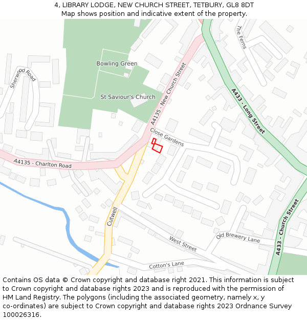 4, LIBRARY LODGE, NEW CHURCH STREET, TETBURY, GL8 8DT: Location map and indicative extent of plot