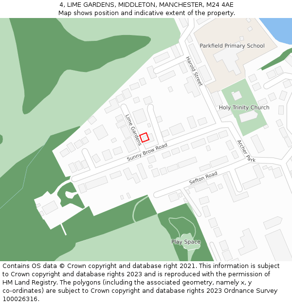 4, LIME GARDENS, MIDDLETON, MANCHESTER, M24 4AE: Location map and indicative extent of plot