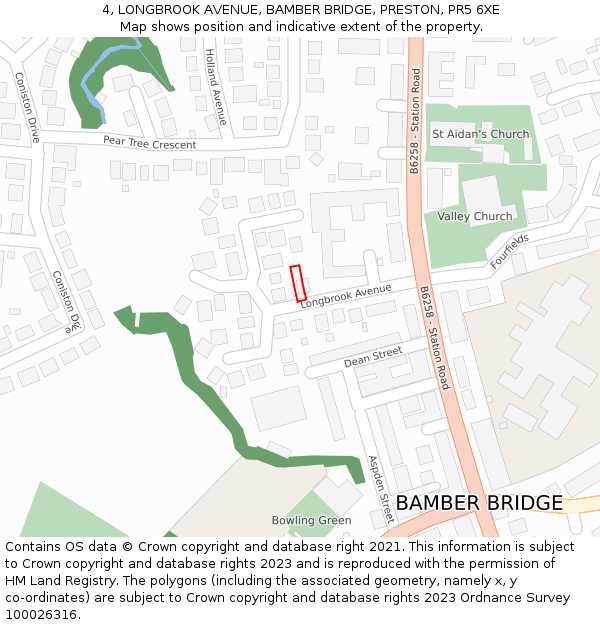 4, LONGBROOK AVENUE, BAMBER BRIDGE, PRESTON, PR5 6XE: Location map and indicative extent of plot