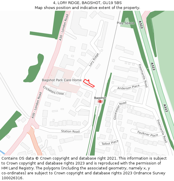 4, LORY RIDGE, BAGSHOT, GU19 5BS: Location map and indicative extent of plot