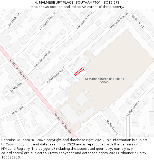 4, MALMESBURY PLACE, SOUTHAMPTON, SO15 5FS: Location map and indicative extent of plot