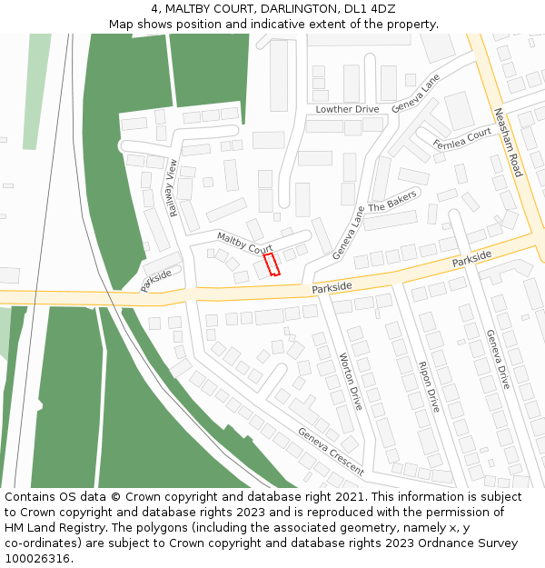 4, MALTBY COURT, DARLINGTON, DL1 4DZ: Location map and indicative extent of plot