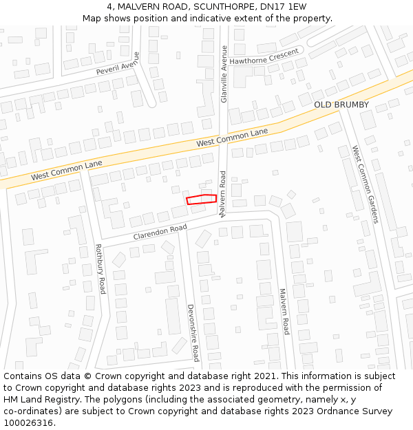 4, MALVERN ROAD, SCUNTHORPE, DN17 1EW: Location map and indicative extent of plot