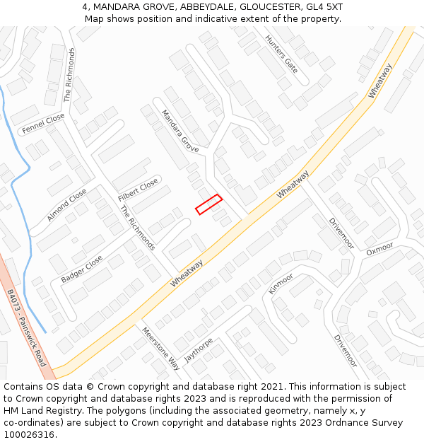 4, MANDARA GROVE, ABBEYDALE, GLOUCESTER, GL4 5XT: Location map and indicative extent of plot
