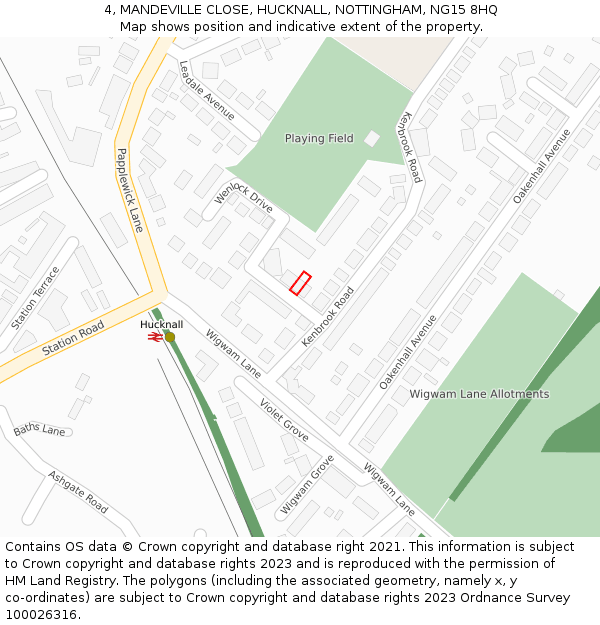 4, MANDEVILLE CLOSE, HUCKNALL, NOTTINGHAM, NG15 8HQ: Location map and indicative extent of plot