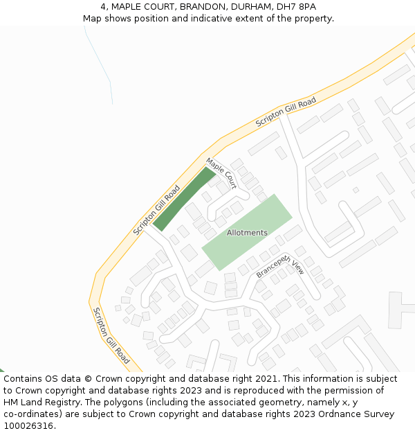 4, MAPLE COURT, BRANDON, DURHAM, DH7 8PA: Location map and indicative extent of plot