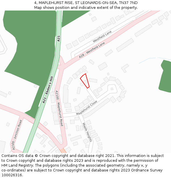 4, MAPLEHURST RISE, ST LEONARDS-ON-SEA, TN37 7ND: Location map and indicative extent of plot