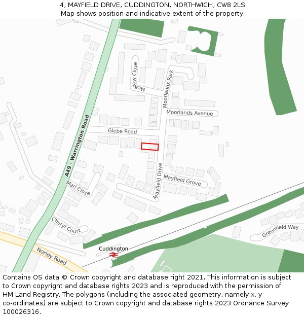 4, MAYFIELD DRIVE, CUDDINGTON, NORTHWICH, CW8 2LS: Location map and indicative extent of plot