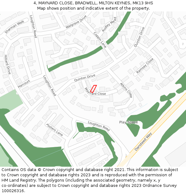 4, MAYNARD CLOSE, BRADWELL, MILTON KEYNES, MK13 9HS: Location map and indicative extent of plot