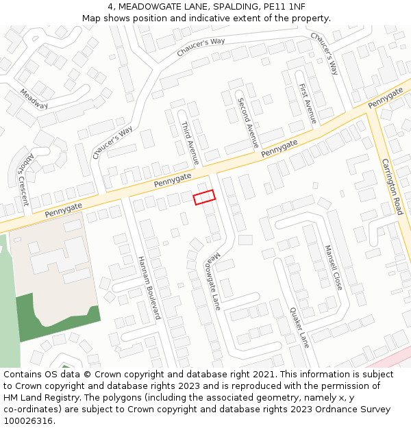 4, MEADOWGATE LANE, SPALDING, PE11 1NF: Location map and indicative extent of plot