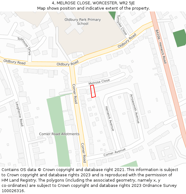 4, MELROSE CLOSE, WORCESTER, WR2 5JE: Location map and indicative extent of plot