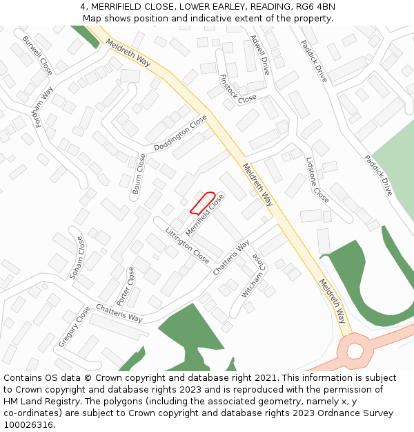 4, MERRIFIELD CLOSE, LOWER EARLEY, READING, RG6 4BN: Location map and indicative extent of plot