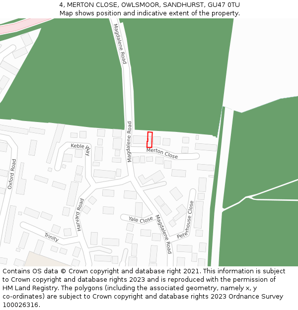 4, MERTON CLOSE, OWLSMOOR, SANDHURST, GU47 0TU: Location map and indicative extent of plot