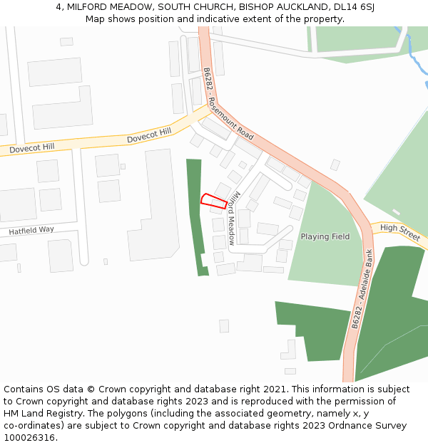 4, MILFORD MEADOW, SOUTH CHURCH, BISHOP AUCKLAND, DL14 6SJ: Location map and indicative extent of plot