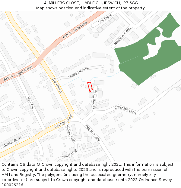 4, MILLERS CLOSE, HADLEIGH, IPSWICH, IP7 6GG: Location map and indicative extent of plot