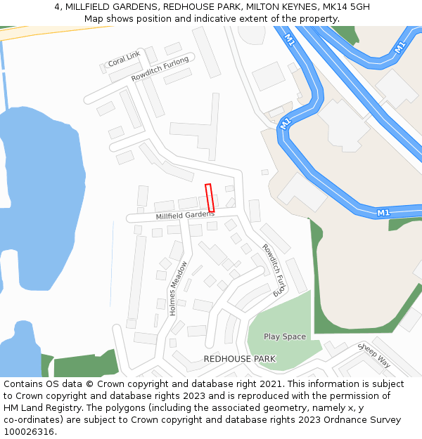 4, MILLFIELD GARDENS, REDHOUSE PARK, MILTON KEYNES, MK14 5GH: Location map and indicative extent of plot