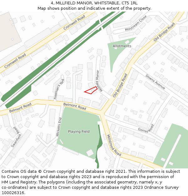 4, MILLFIELD MANOR, WHITSTABLE, CT5 1RL: Location map and indicative extent of plot