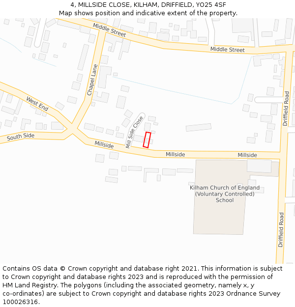 4, MILLSIDE CLOSE, KILHAM, DRIFFIELD, YO25 4SF: Location map and indicative extent of plot