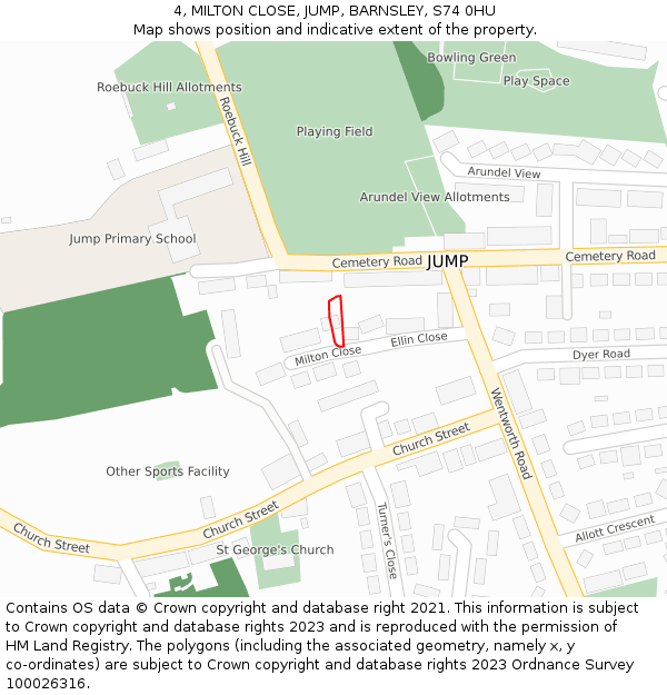 4, MILTON CLOSE, JUMP, BARNSLEY, S74 0HU: Location map and indicative extent of plot