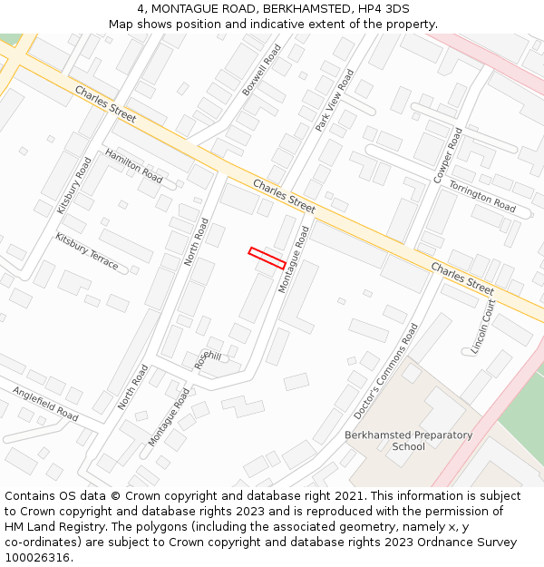 4, MONTAGUE ROAD, BERKHAMSTED, HP4 3DS: Location map and indicative extent of plot
