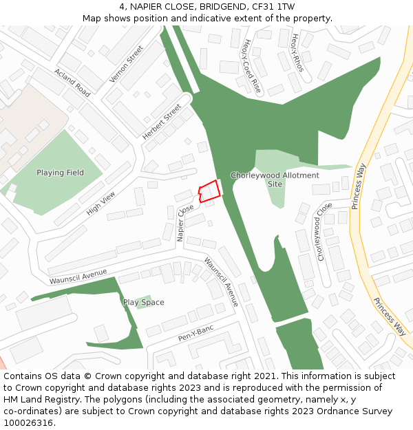 4, NAPIER CLOSE, BRIDGEND, CF31 1TW: Location map and indicative extent of plot