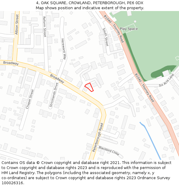 4, OAK SQUARE, CROWLAND, PETERBOROUGH, PE6 0DX: Location map and indicative extent of plot