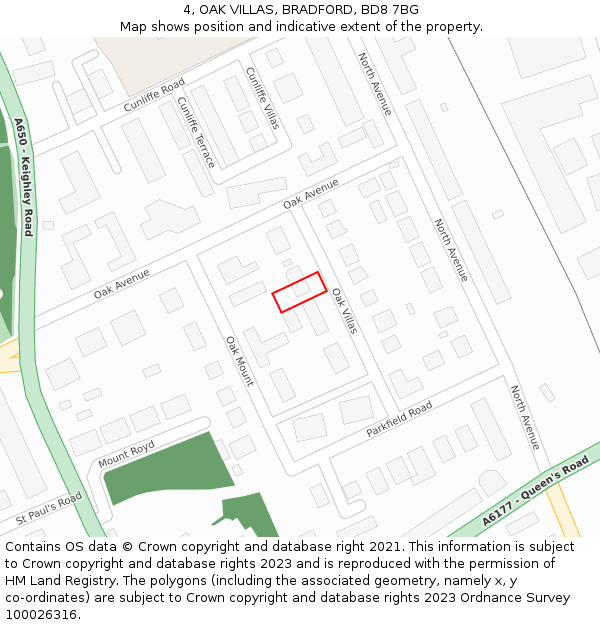 4, OAK VILLAS, BRADFORD, BD8 7BG: Location map and indicative extent of plot