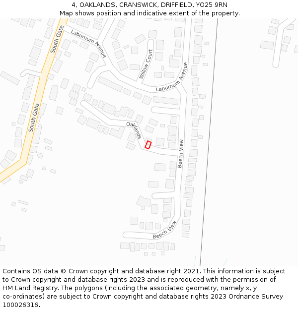 4, OAKLANDS, CRANSWICK, DRIFFIELD, YO25 9RN: Location map and indicative extent of plot